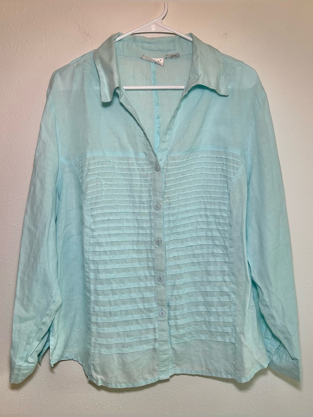 Tweeds 100% Linen Pintuck Button Down Shirt Women’s 1X XL Blue Lagenlook Coastal